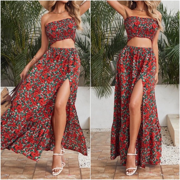 Boho Red Floral Print Crop Top Maxi Skirt Set Cottagecore - Picture 3 of 3